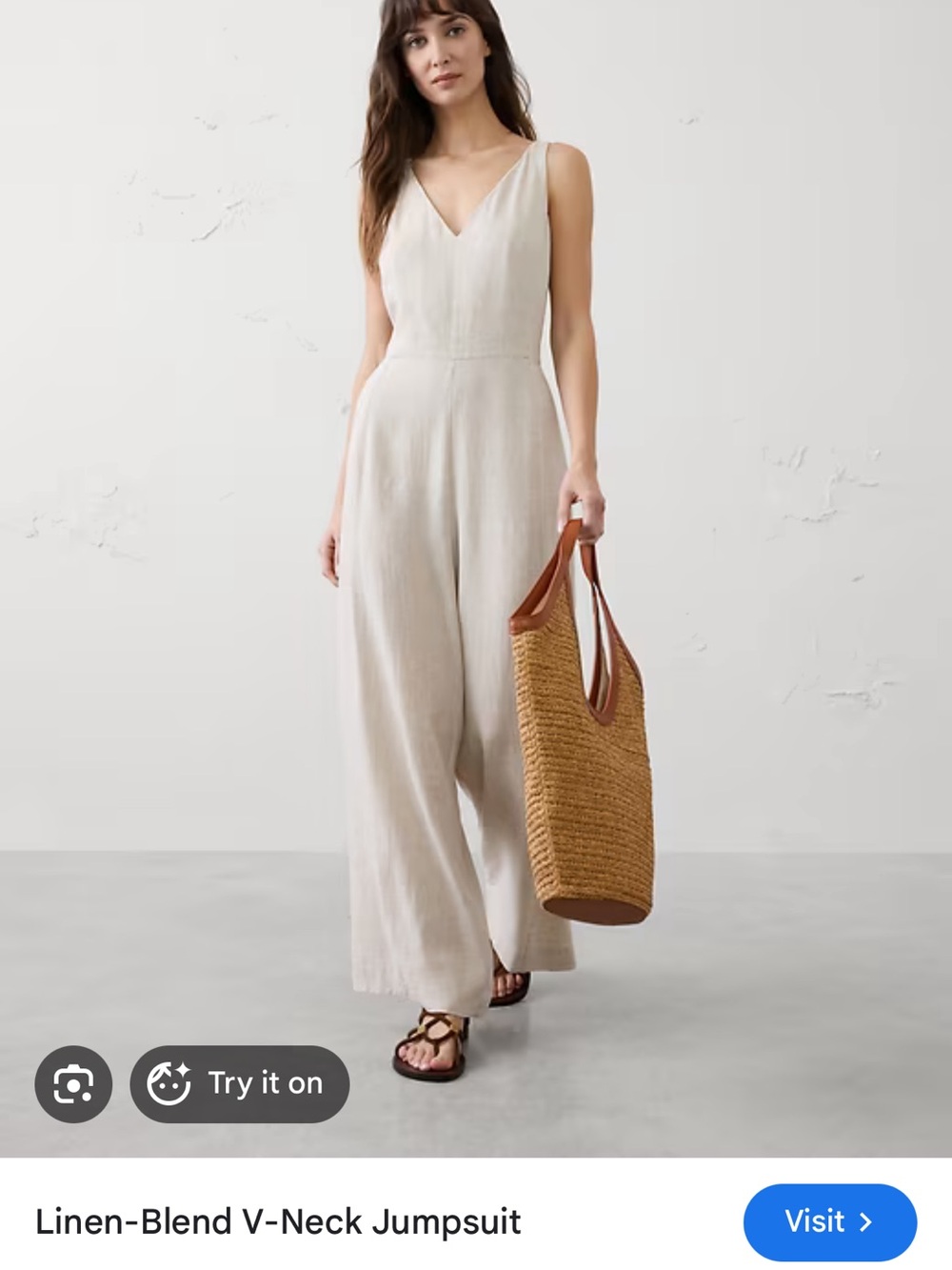 Linen-Blend V-Neck Wide-Leg Jumpsuit in Light Beige